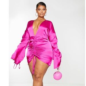 Plus Fuchsia Satin Ruched Mini Dress – Size 2X – NWT by PrettyLittleThing